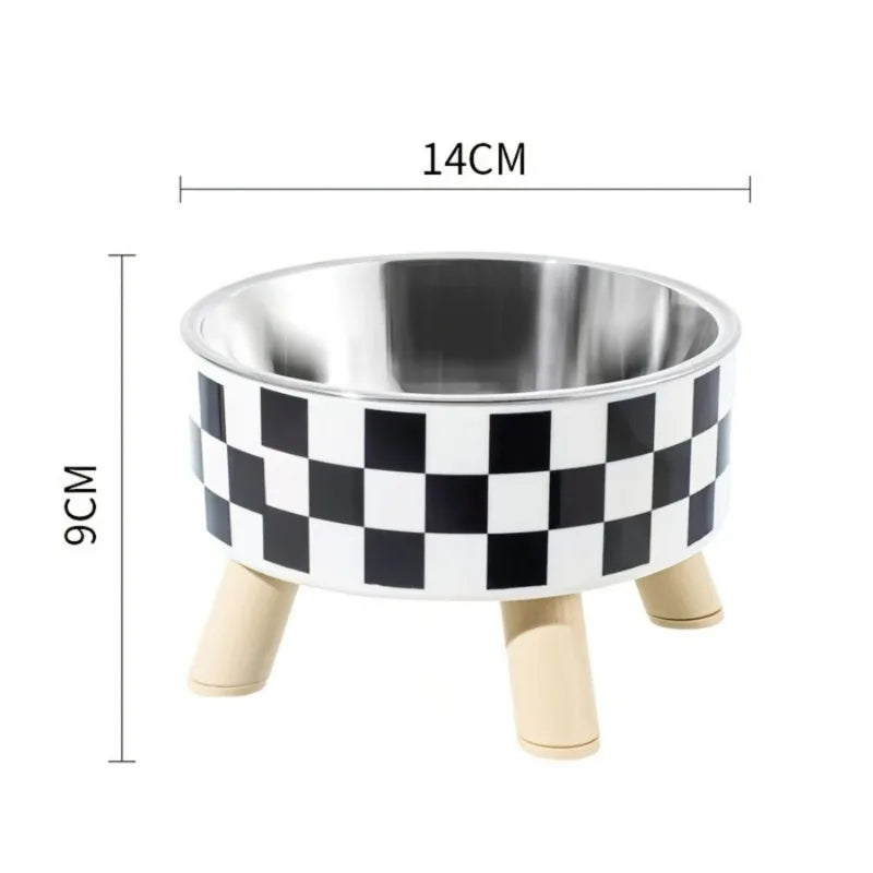 Pet bowl with checkered pattern and wooden legs, shown with dimensions on a white background.