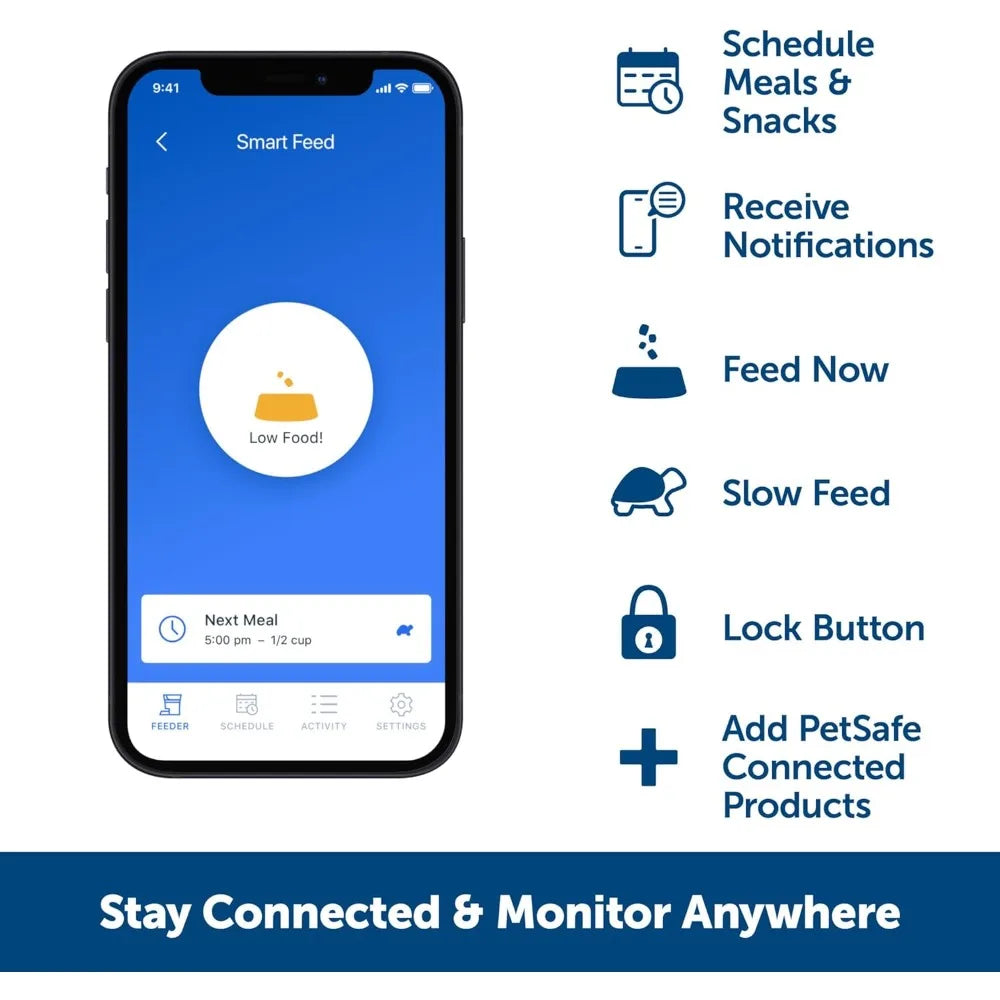 Smart pet feeder app on a smartphone with features listed on the right