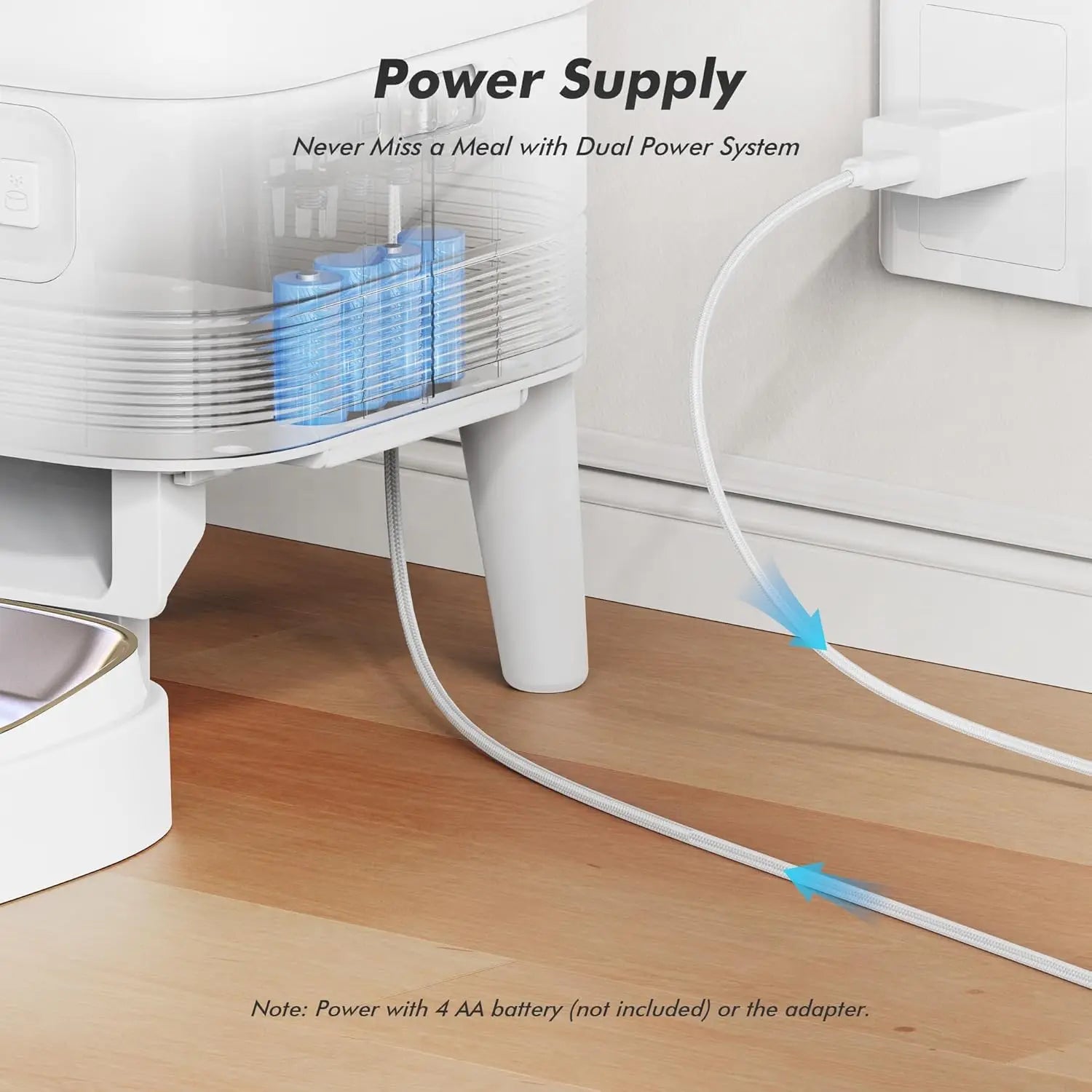 Power supply system with dual power system feature on a wooden surface.