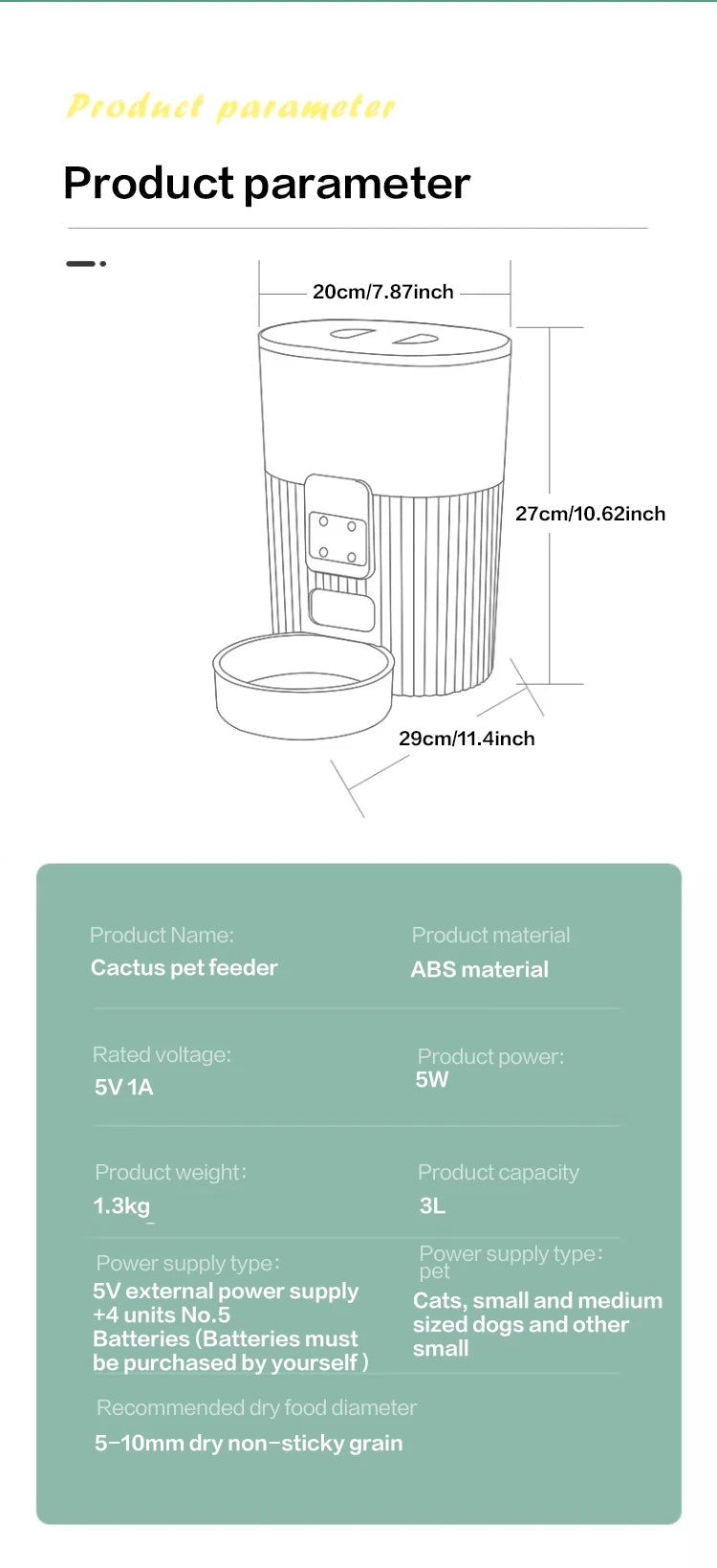 Cactus pot feeder with dimensions and product parameters on a white background