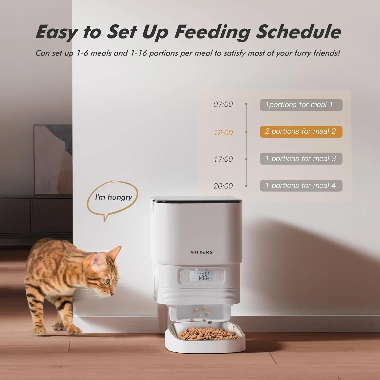 Pet feeder with a cat next to it, showing a feeding schedule on a wall.