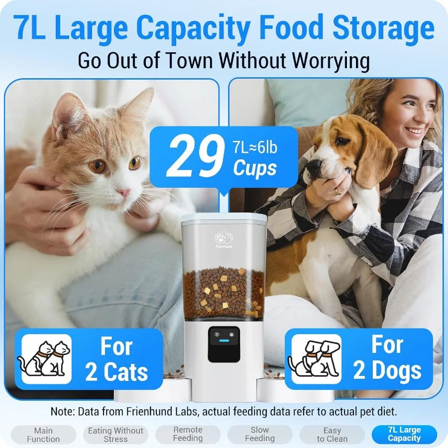 Pet food storage container with images of a cat and dog, text about capacity, and features.