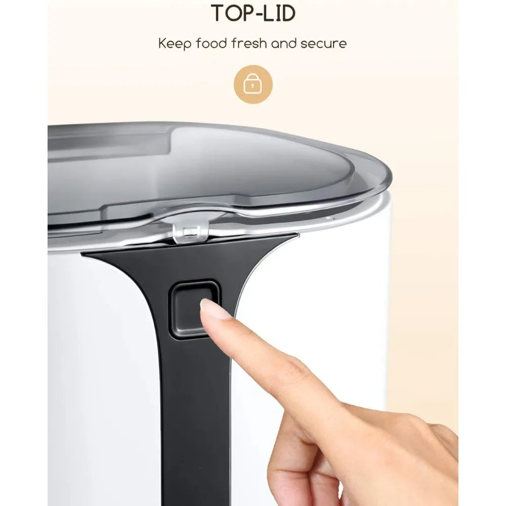 Hand pressing a button on a food storage container with a top-lid feature.