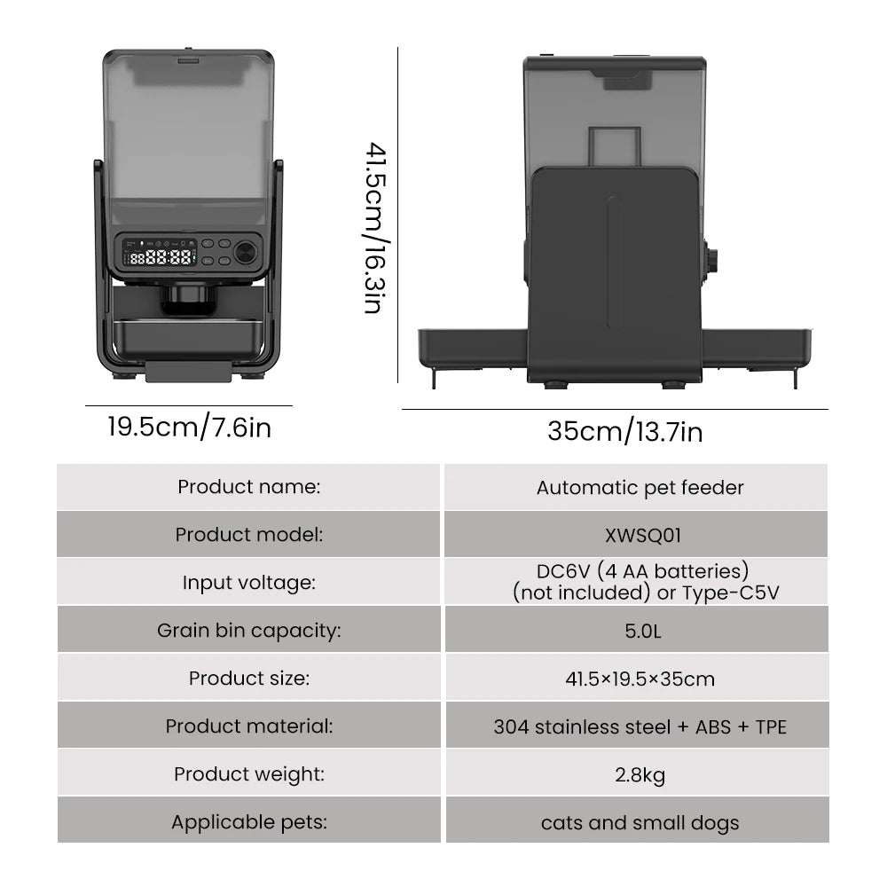 Measurement chart of an automatic pet feeder with dimensions and specifications.