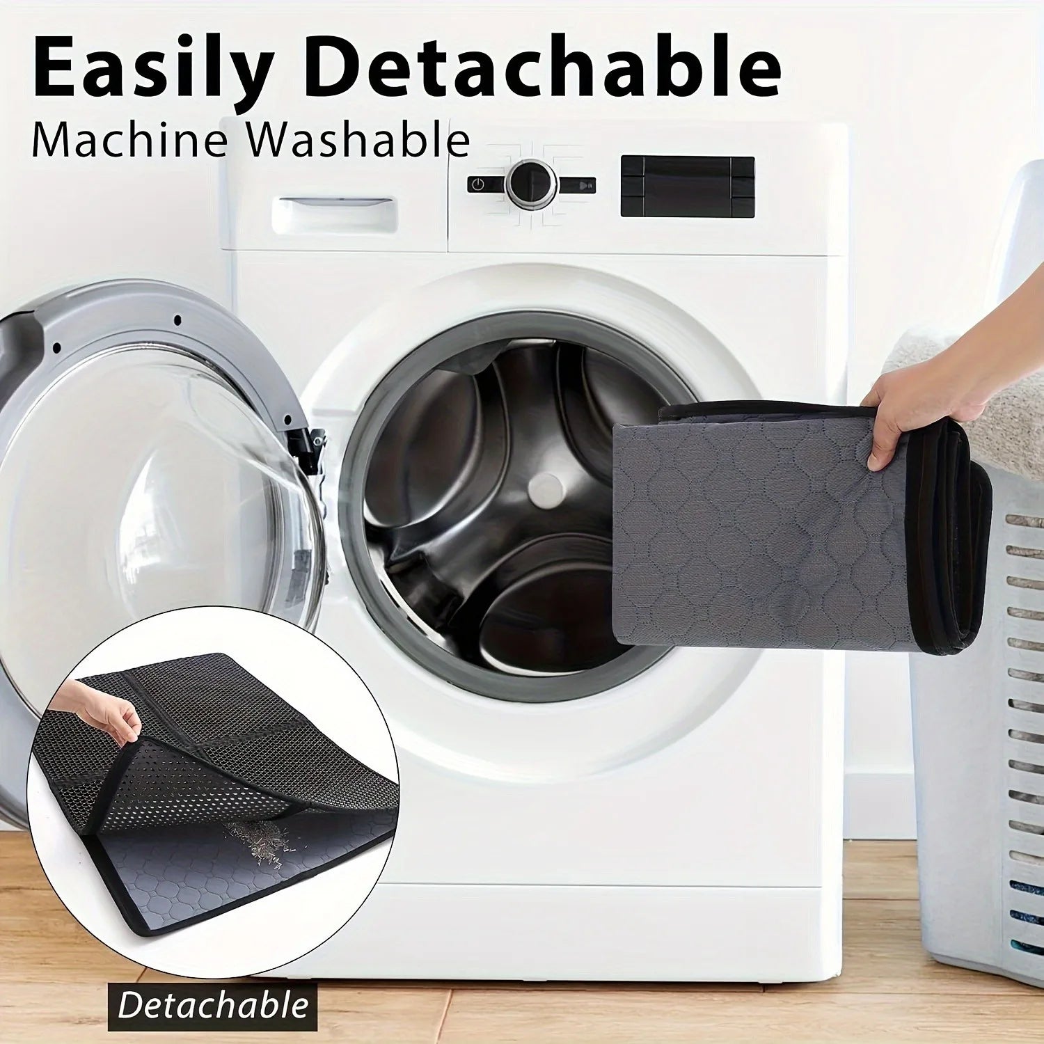 Person holding a detachable mat in front of an open washing machine with text 'Easily Detachable Machine Washable'.