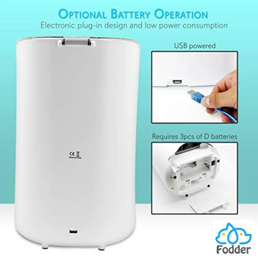 White electronic device with USB connection and battery operation options on a blue background