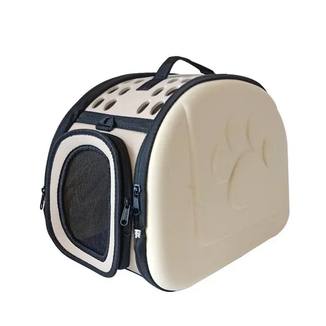 Pet carrier with beige interior and black exterior on a white background