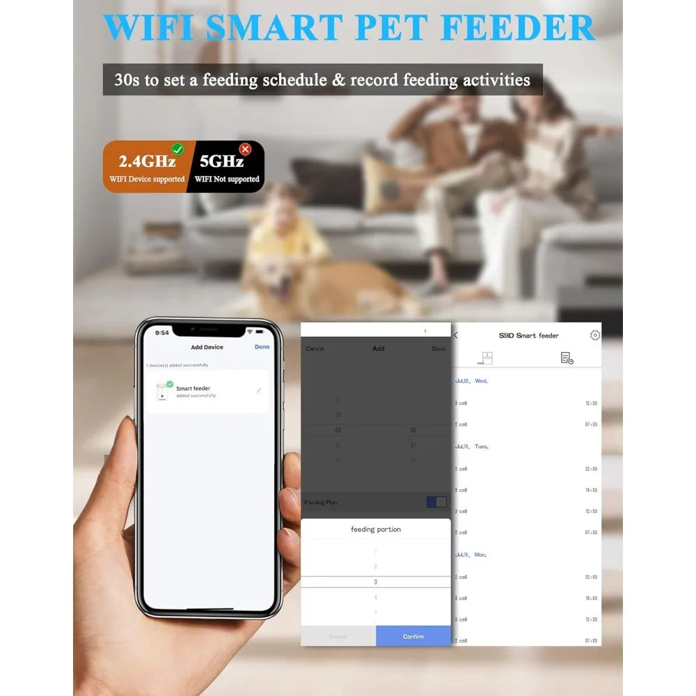 WiFi Smart Pet Feeder with smartphone app interface and people in a living room.