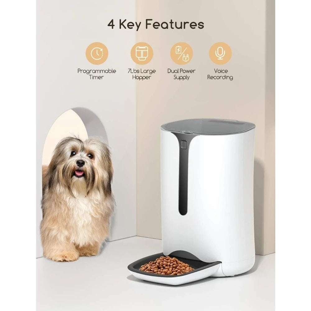 Pet feeder with a dog next to it, featuring four key features on a light background.