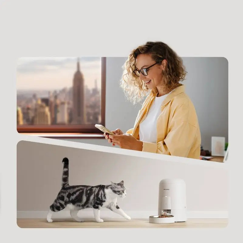 Woman using a smartphone with a cat and a small white device on a desk in front of a cityscape.