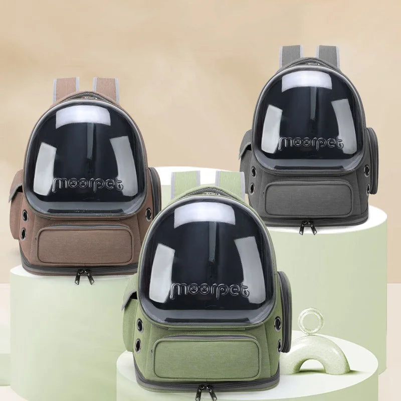 Three pet carrier helmets in different colors on cylindrical stands with a beige background.