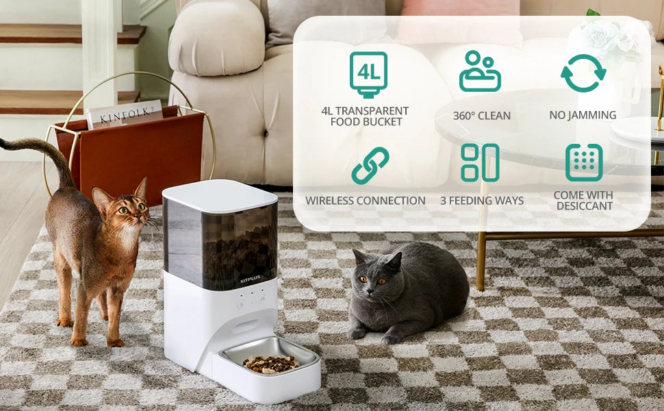 Pet food dispenser with cats around, featuring product features on a digital overlay.