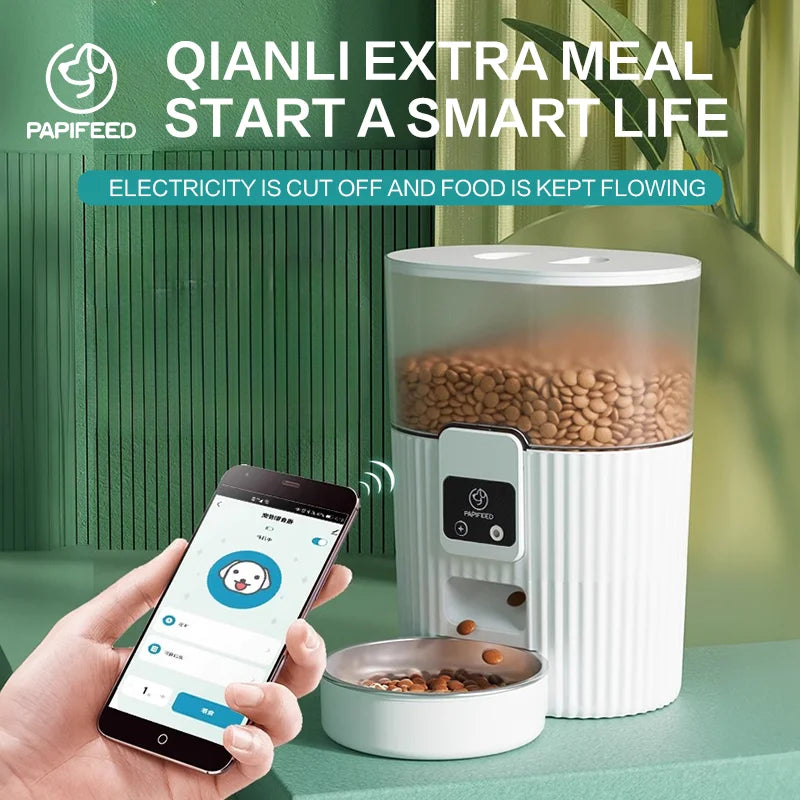 Smart pet feeder with app control on a green background