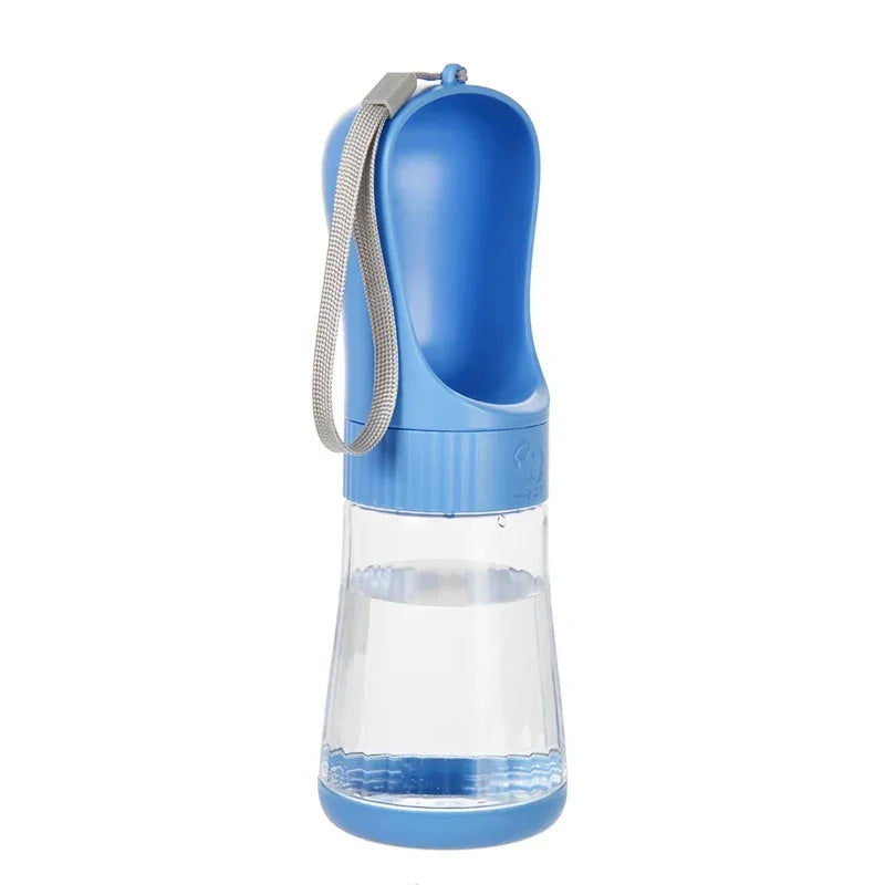 Blue and clear portable water bottle with a strap on a white background