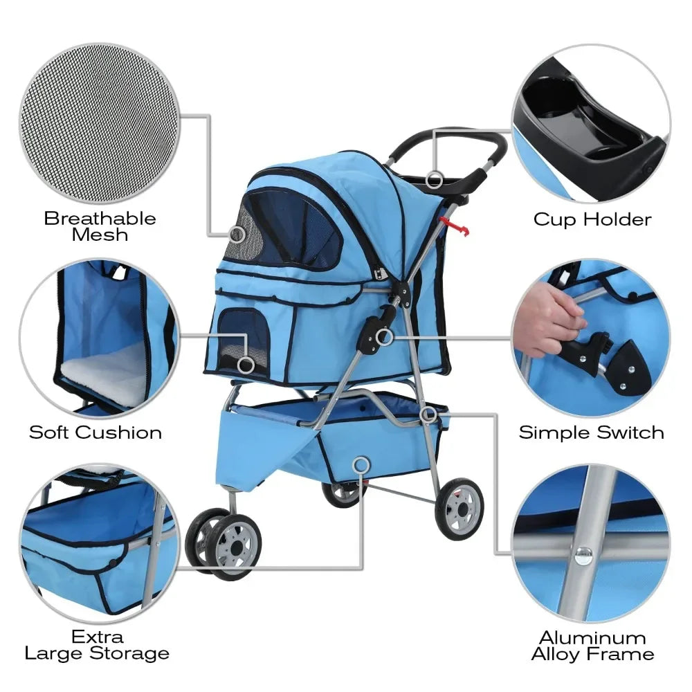 Blue pet stroller with features highlighted on a white background