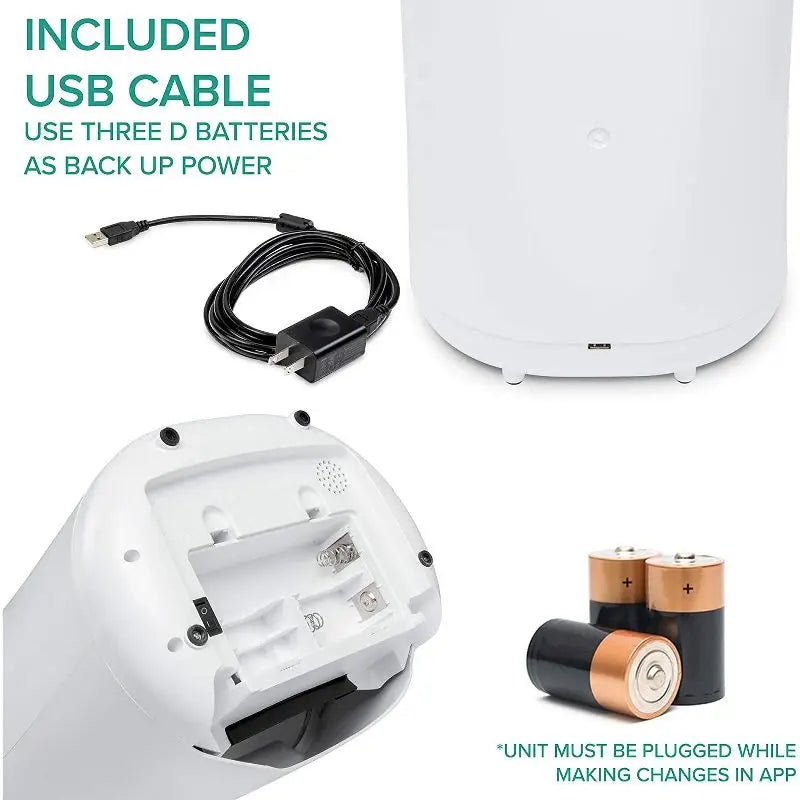 White electronic device with USB cable, batteries, and text on a white background