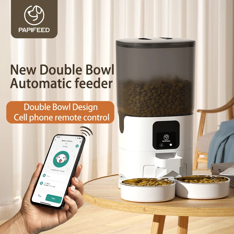 Papifeed automatic feeder with double bowl design and phone remote control feature.