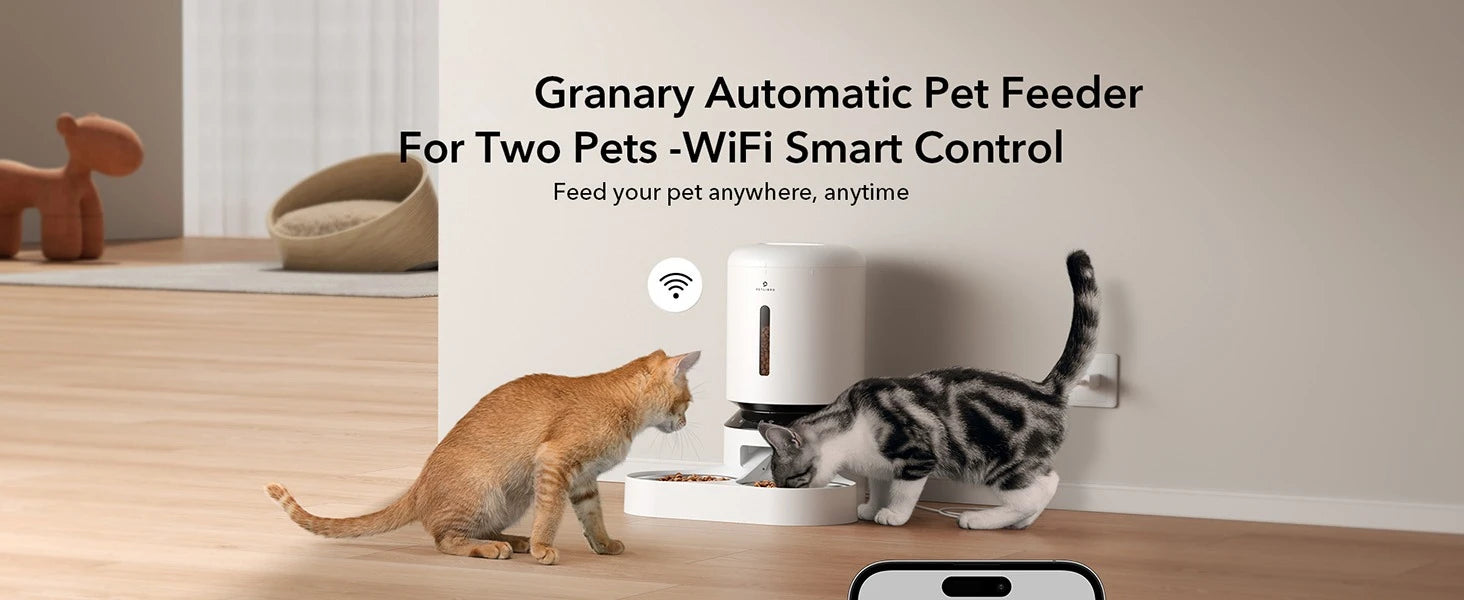 Granary Automatic Pet Feeder for two pets with WiFi smart control, shown with two cats interacting.