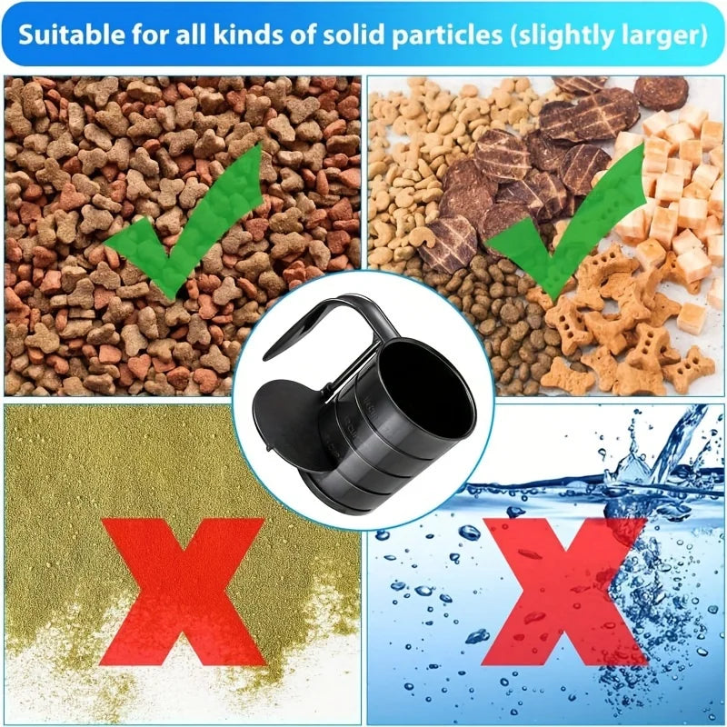 Product suitability for various types of solid particles with a black container shown.