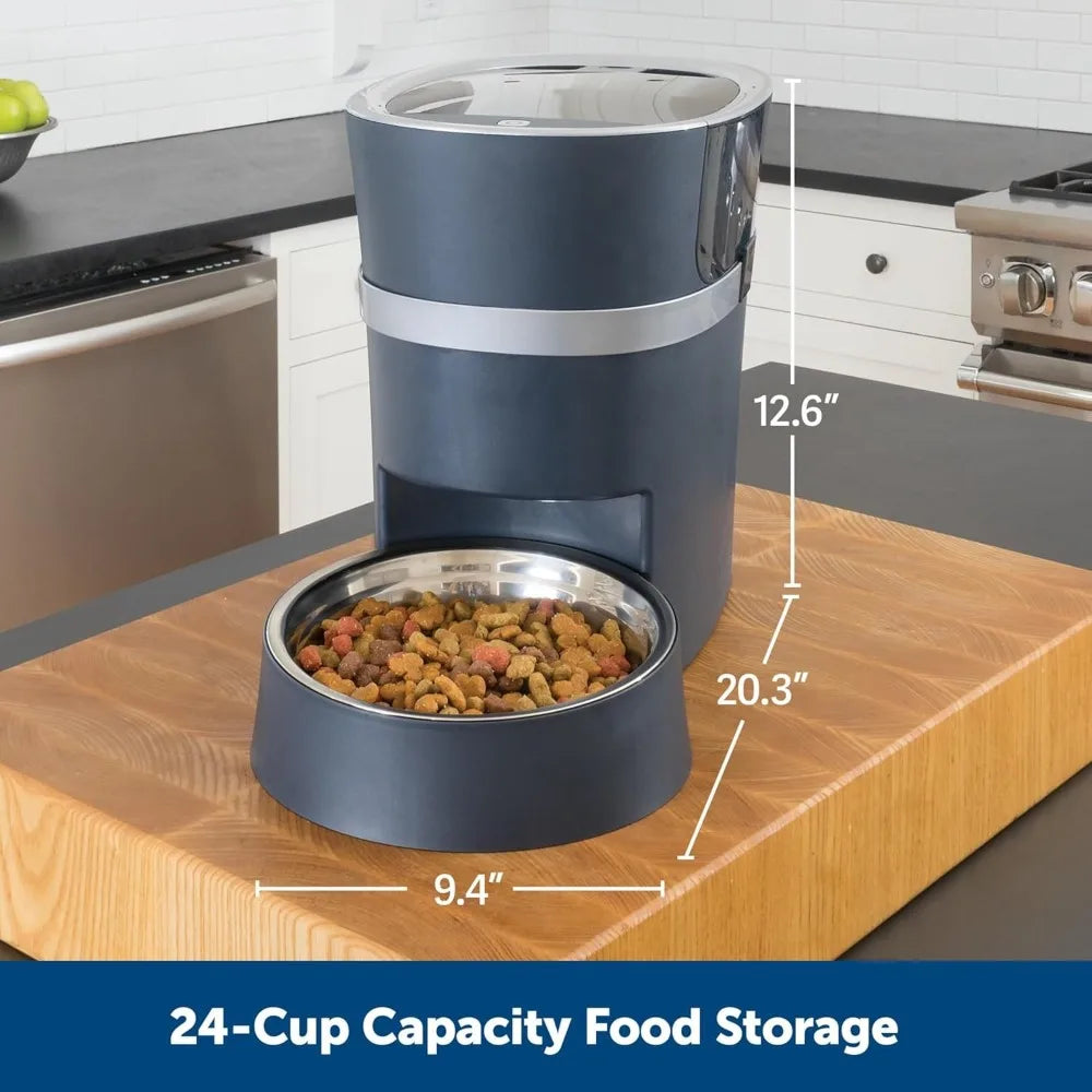 Blue food storage container with a bowl on a kitchen counter, showing dimensions.