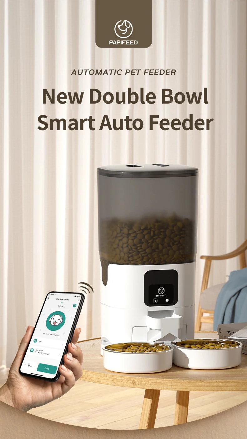 Automatic pet feeder with 'Papfeed' branding, showing a smartphone app interface.