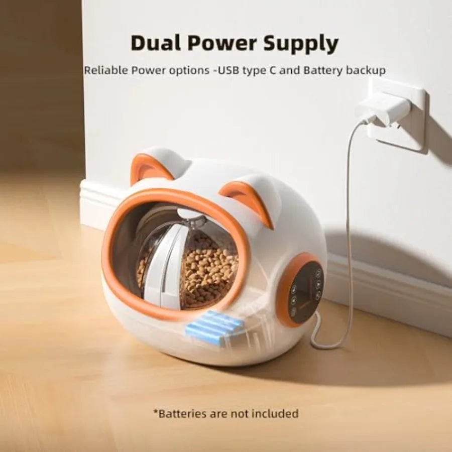 Cat-shaped dual power supply device with USB type C and battery backup on a wooden surface.