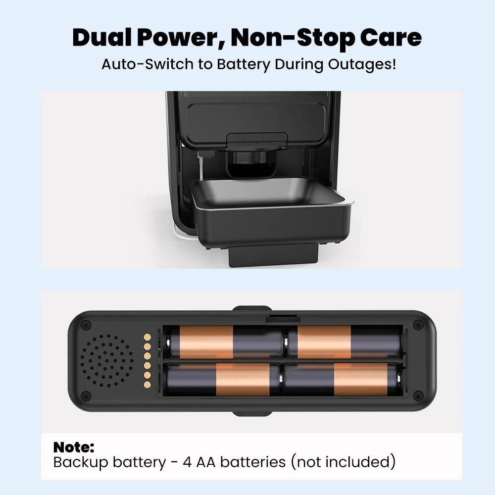 Dual power system with battery compartment and text highlighting backup battery feature.