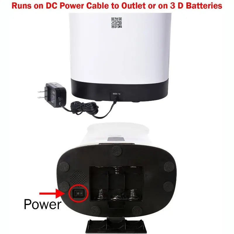 Back view of a cylindrical device with power cable and battery slot labeled on a white background.