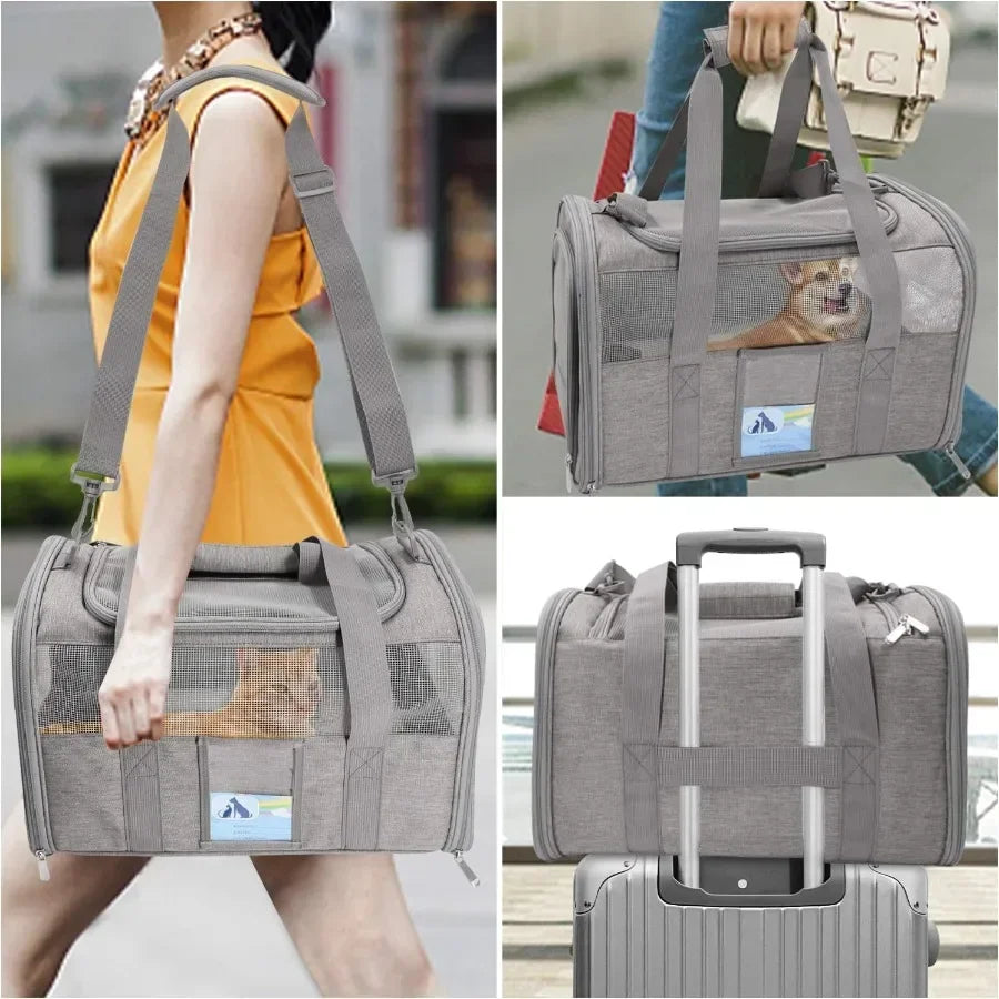 Collage of a gray pet carrier being carried by a person and used with a suitcase.