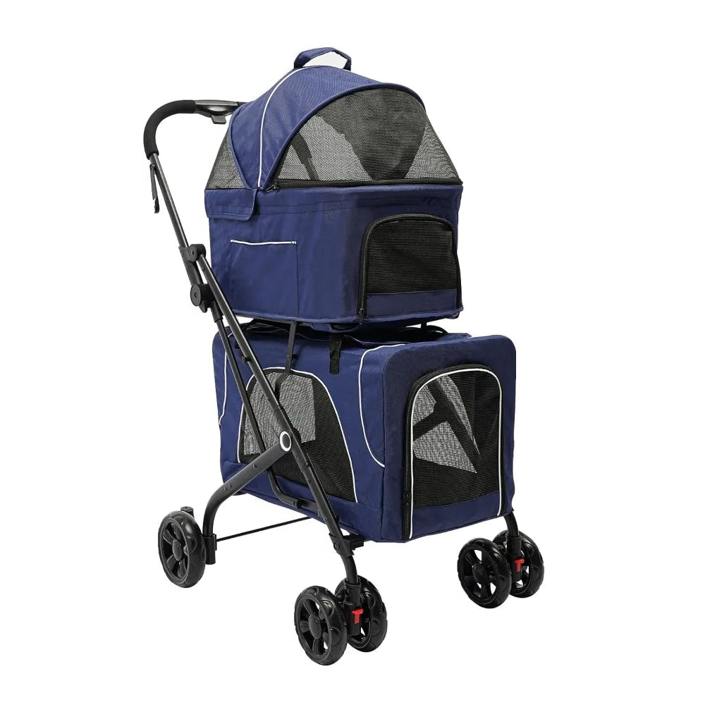 Blue pet stroller with black wheels on a white background