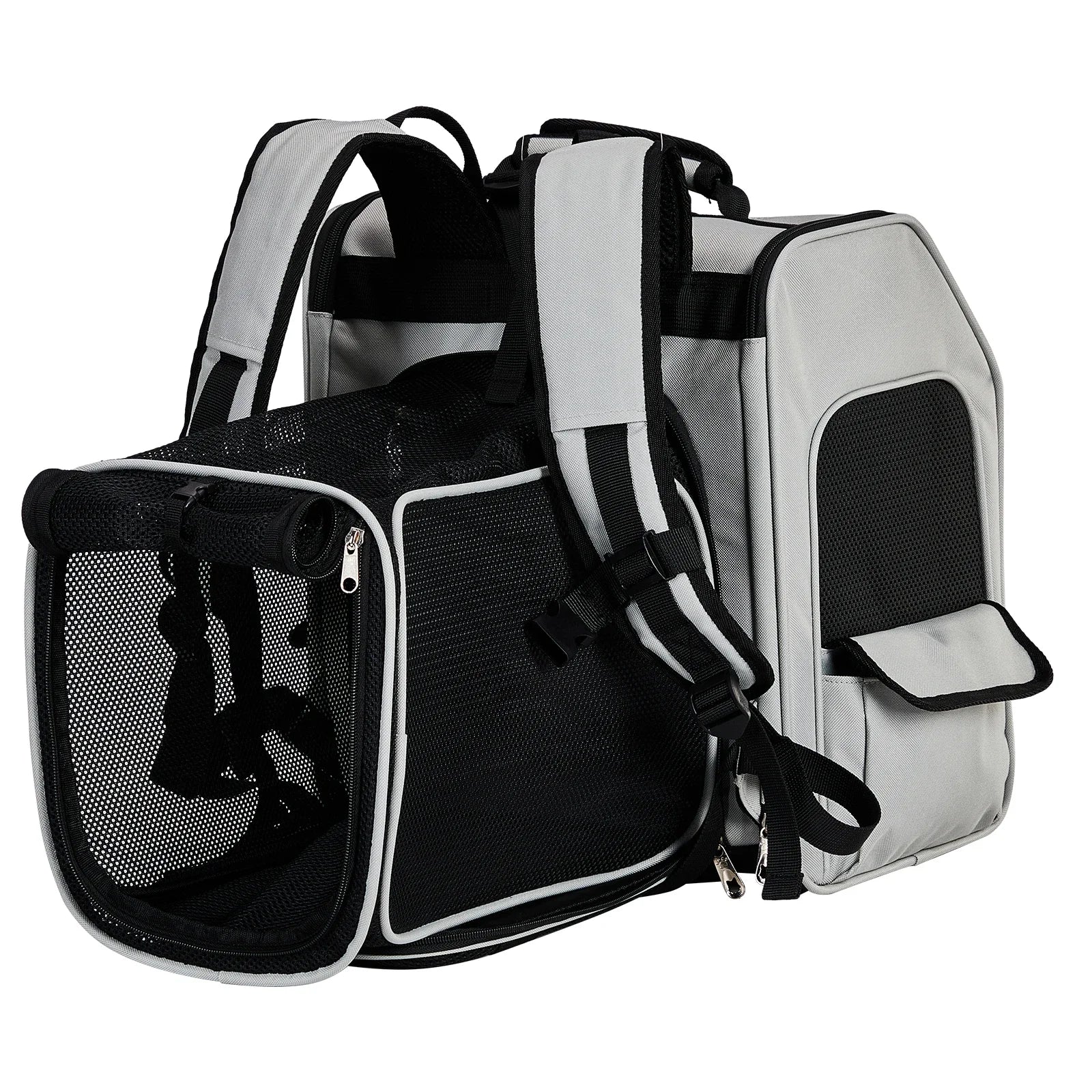 Pet carrier backpack with black and gray design on a white background