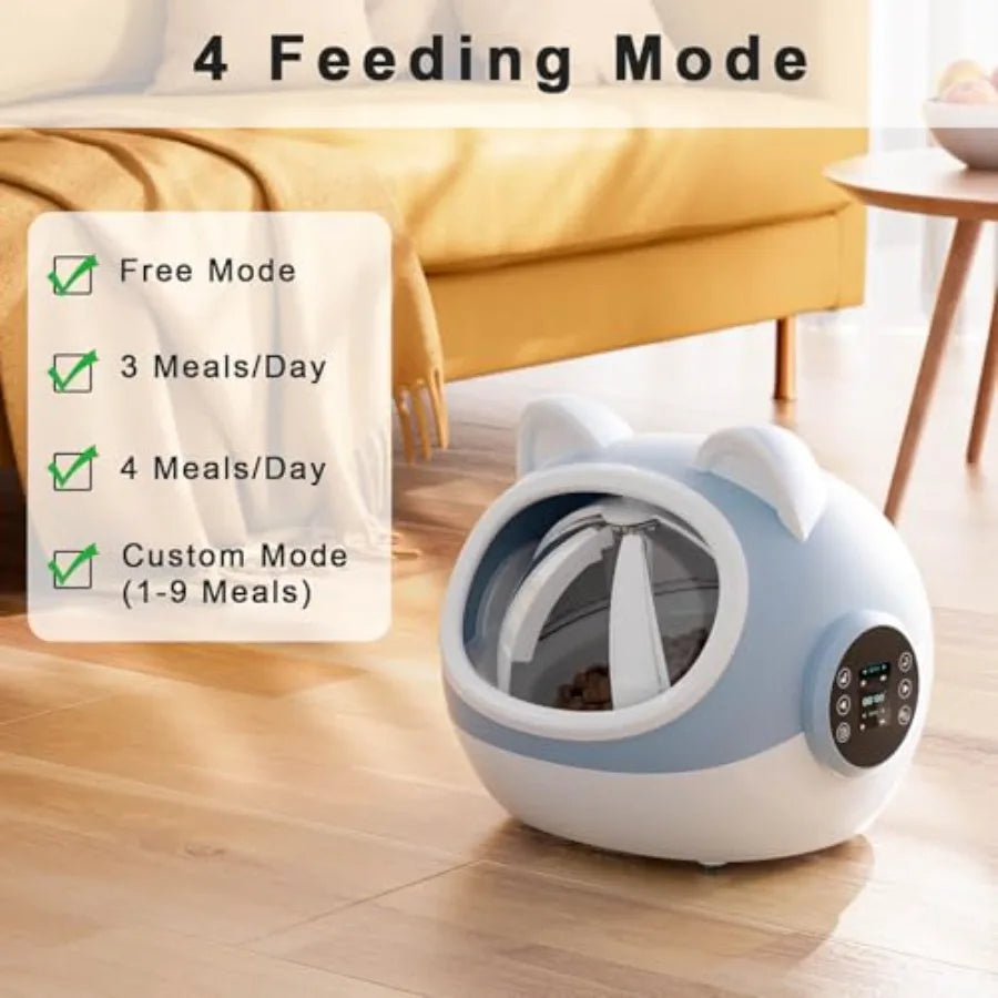 Pet feeding device with mode options on a wooden floor