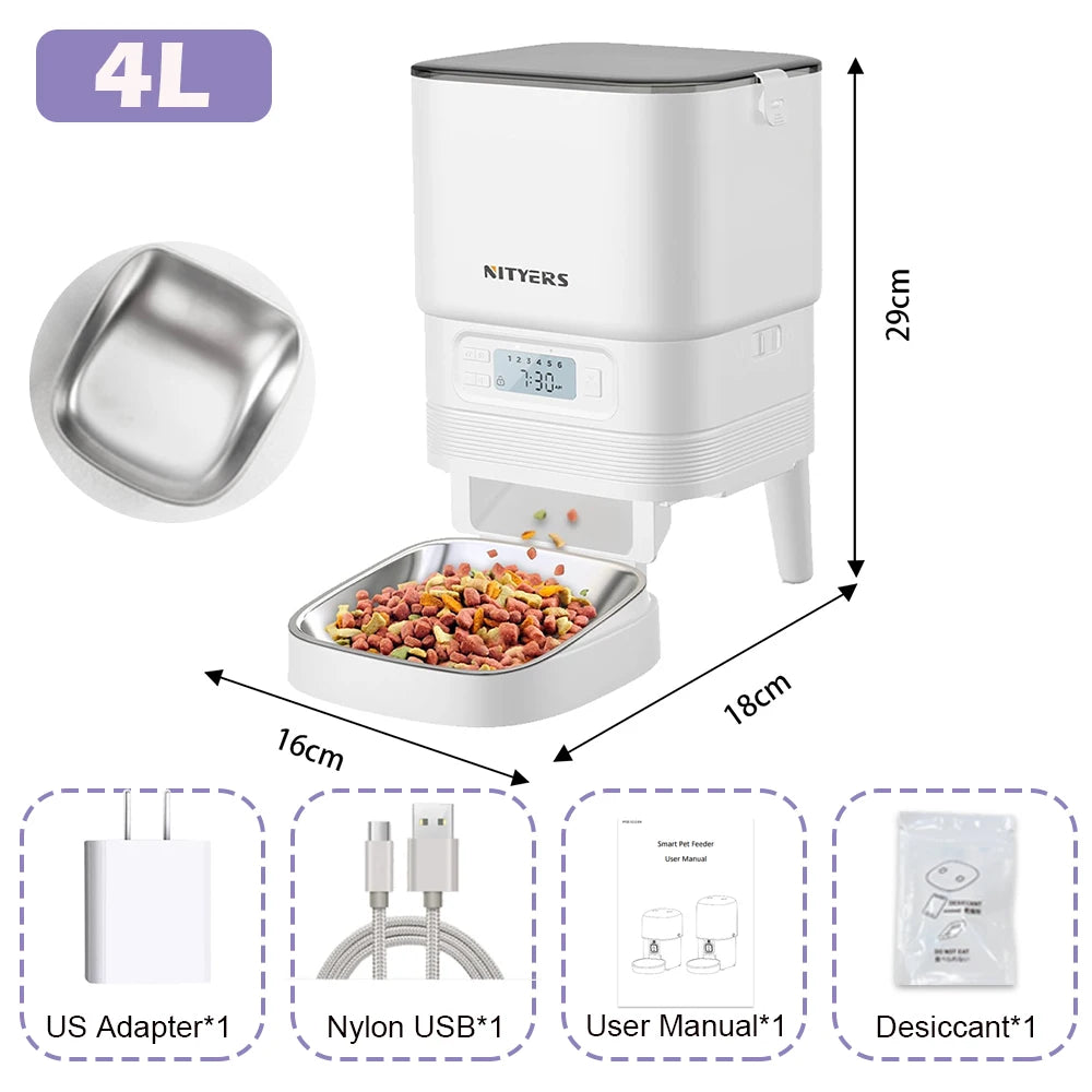 White pet feeder with digital display, food bowl, and dimensions on a white background