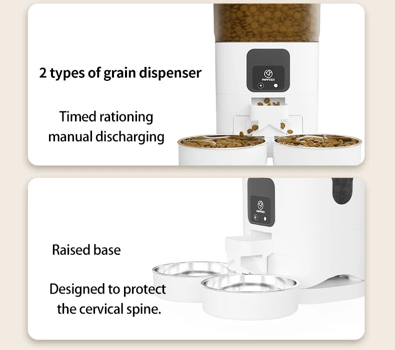 White pet food dispenser with text describing features on a beige background