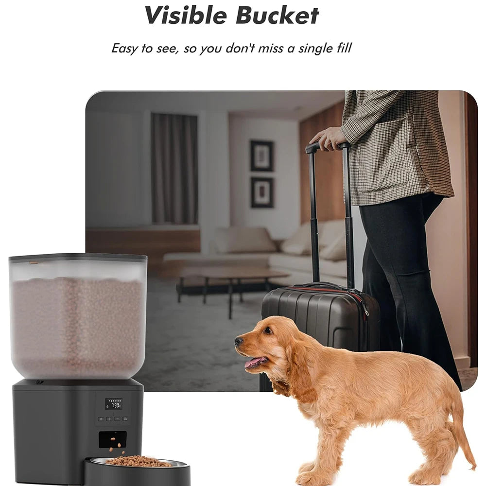 Pet feeder with visible bucket, dog, and person with suitcase in a room.