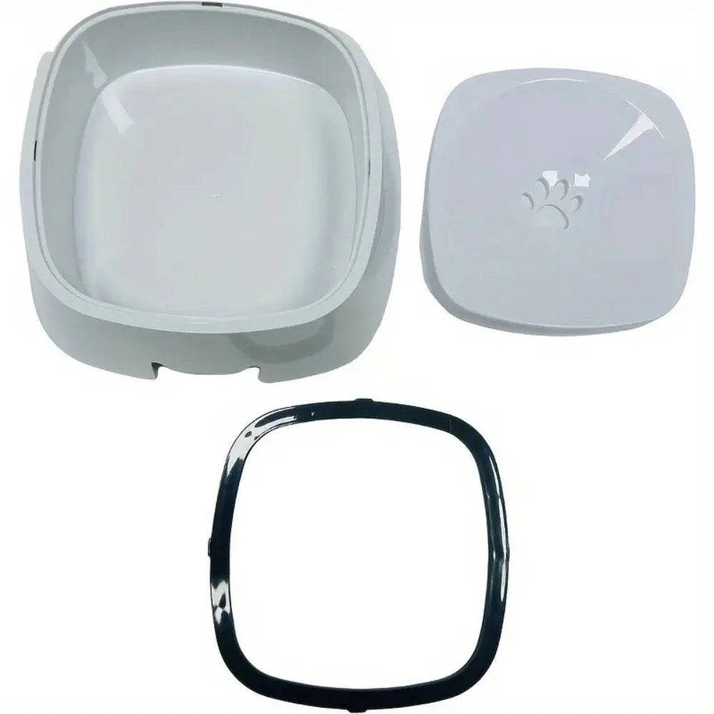 Pet water bowl set with bowl, cover, and gasket on a white background