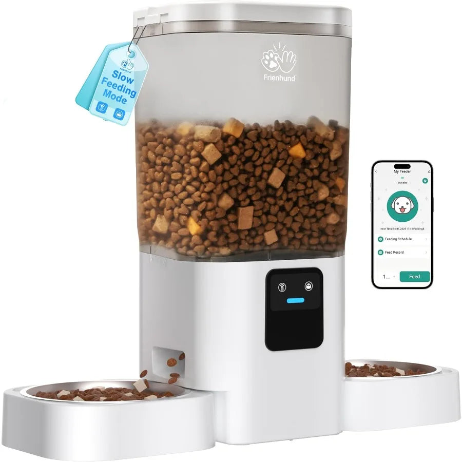 Pet food dispenser with food and smartphone app interface on a white background