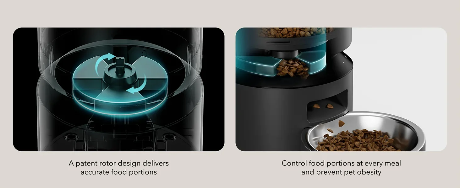 Pet food dispenser with patent rotor design and control food portions feature.