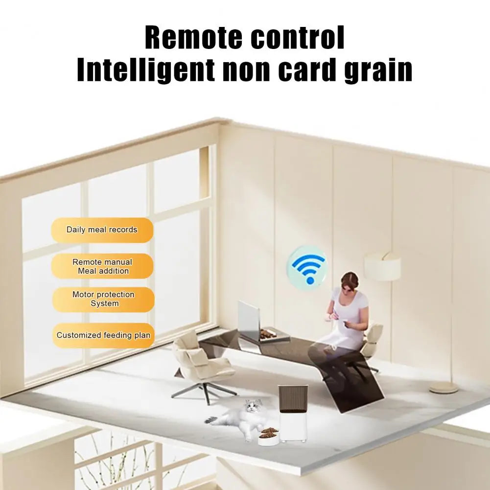 Modern office space with a person working on a laptop, featuring text about remote control and intelligent non-card grain technology.