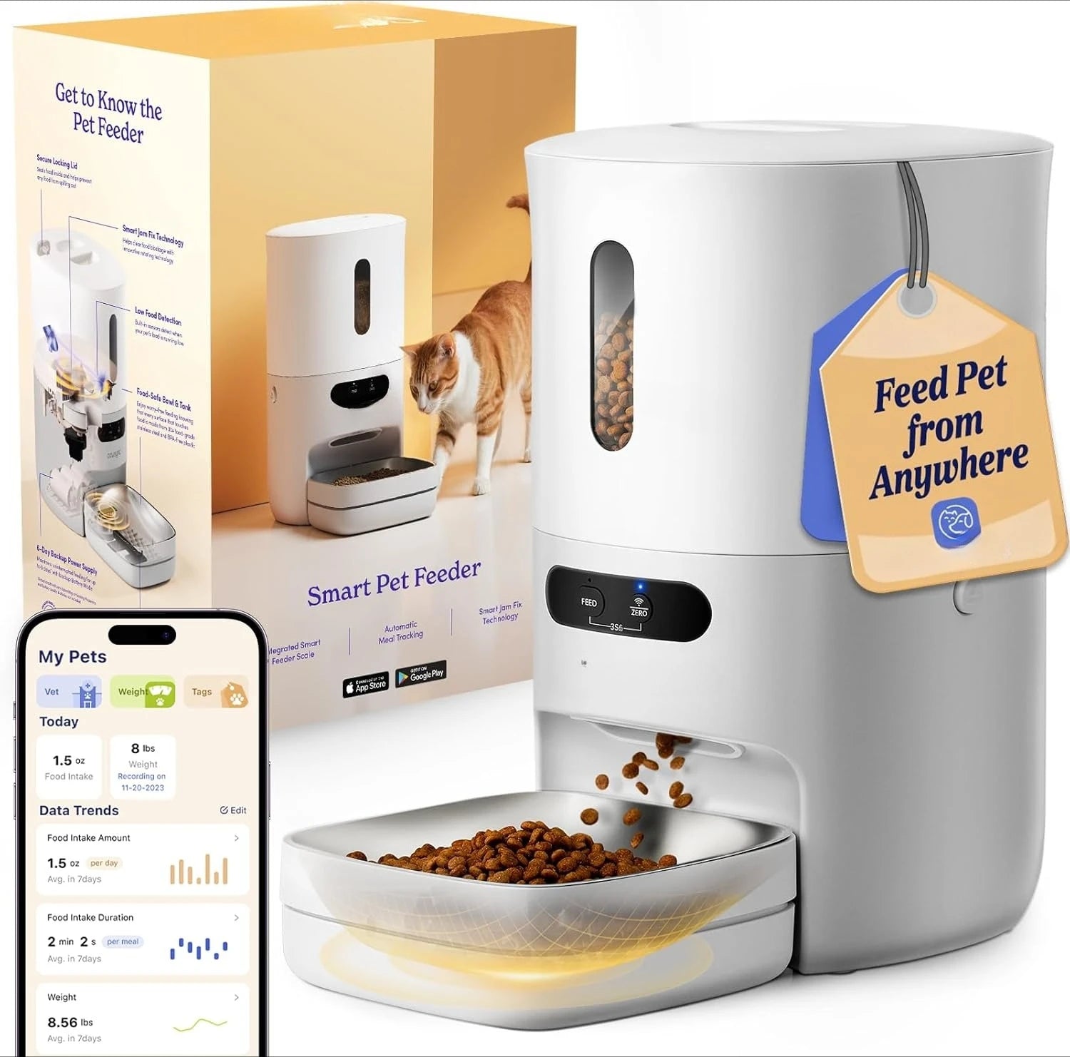 Smart pet feeder with app interface on smartphone, packaging, and cat in the background