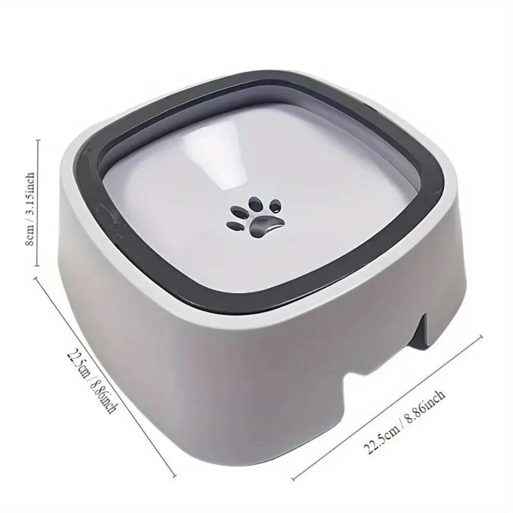 Pet water bowl with paw print design and dimensions on a white background