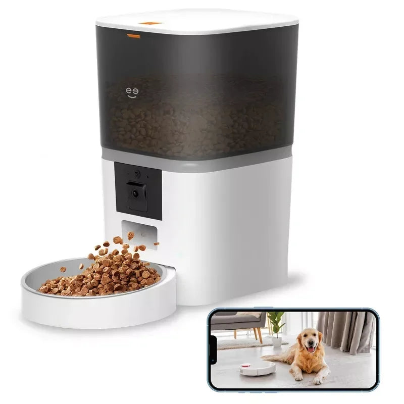 Smart pet feeder dispensing food with a small inset showing a dog using a phone to monitor the feeder.