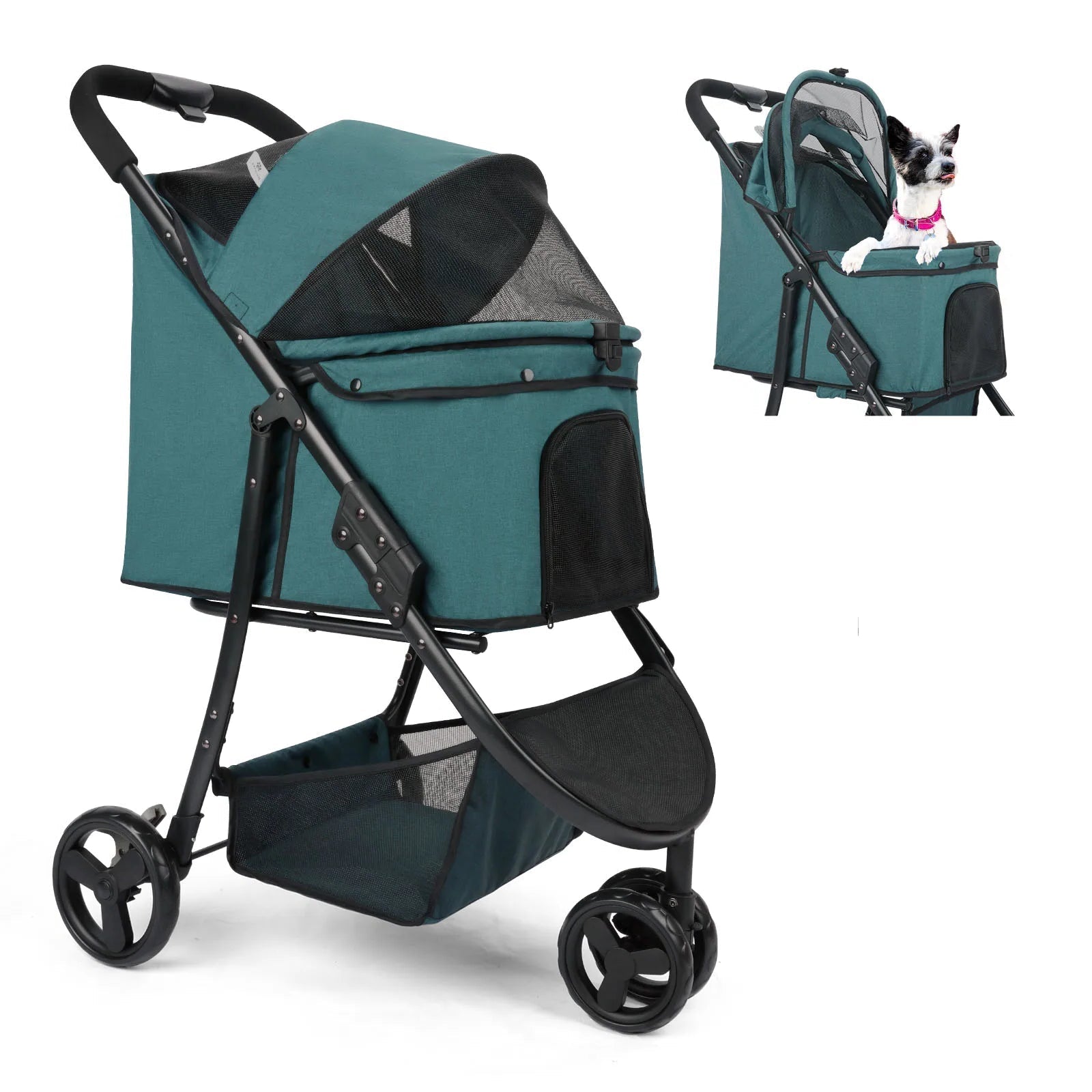 Pet stroller with a dog inside and another dog standing next to it on a white background