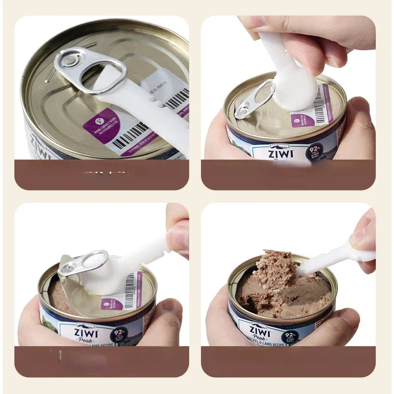 Step-by-step process of opening a can of Ziwi pet food with a spoon.
