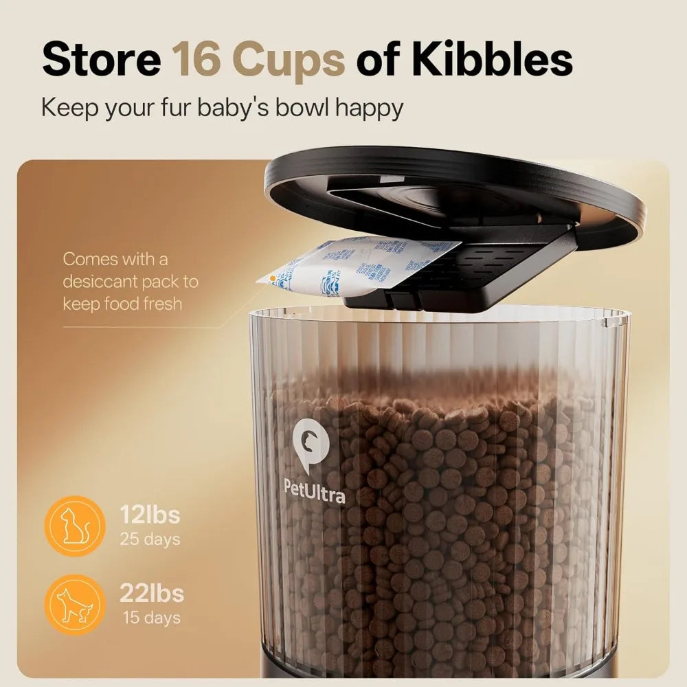 Pet food storage container with kibbles and desiccant pack, featuring PetUltra branding.