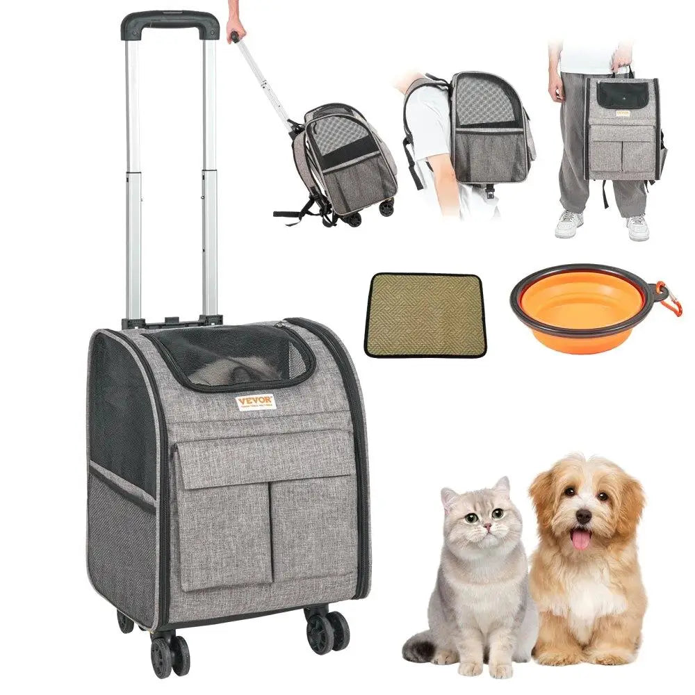 Pet travel carrier with accessories, including a backpack, mat, bowl, and two pets.