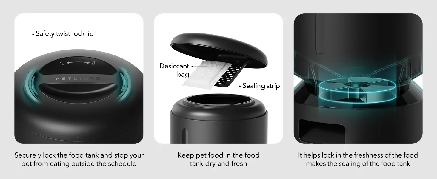 Black pet food storage container with safety features and desiccant bag illustration
