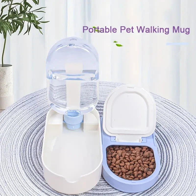 Portable pet walking mug with water bottle and food container on a textured surface.