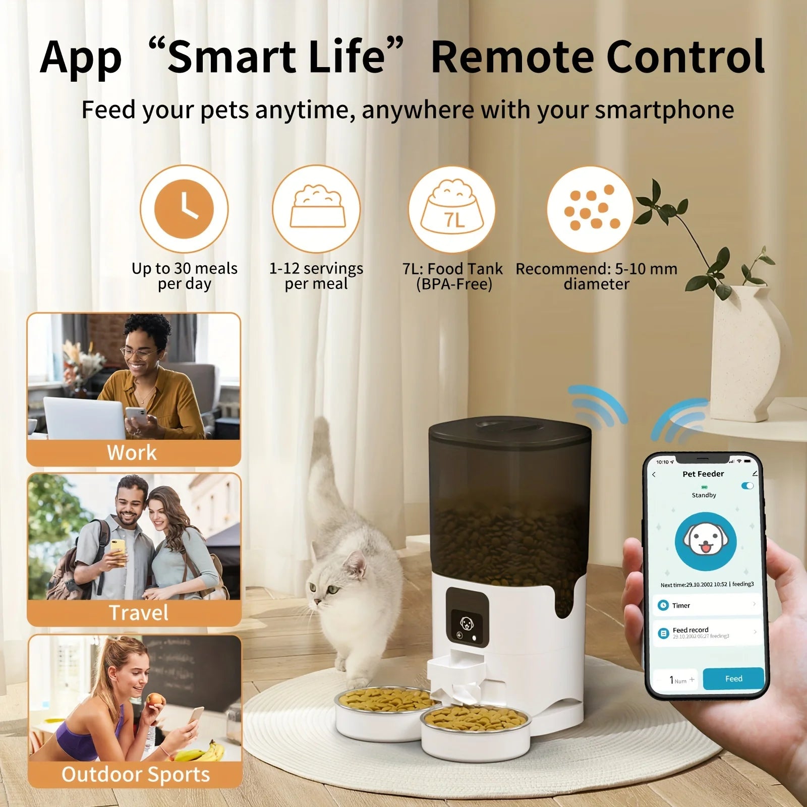 Pet feeder with smartphone app for remote control, shown in a home setting.