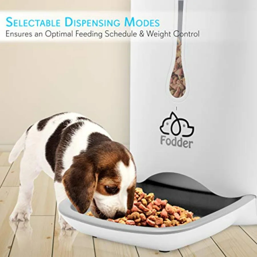 Dog eating from a Fodder pet feeder with text about selectable dispensing modes.